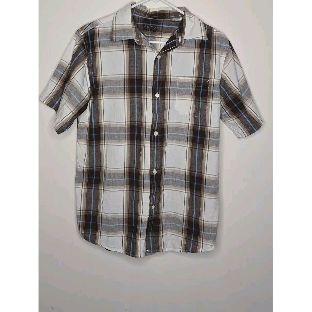 Arizona Short Sleeve Button Up Shirt‎ Mens Chest Pocket White Plaid Tartan XL